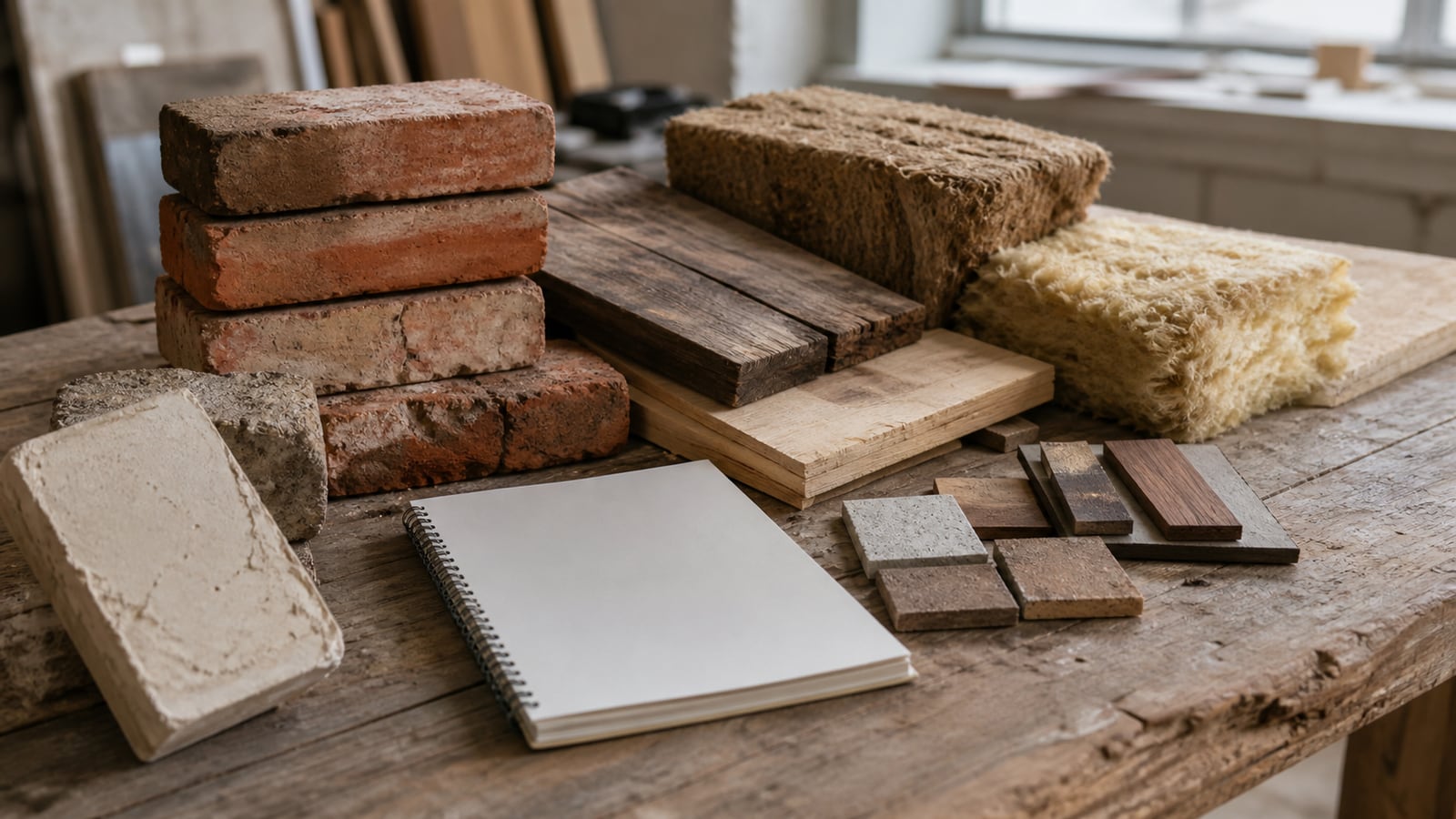 Wiederverwendete Ziegel, Holzproben und Dämmmaterial mit einem Notizbuch auf einer Werkbank