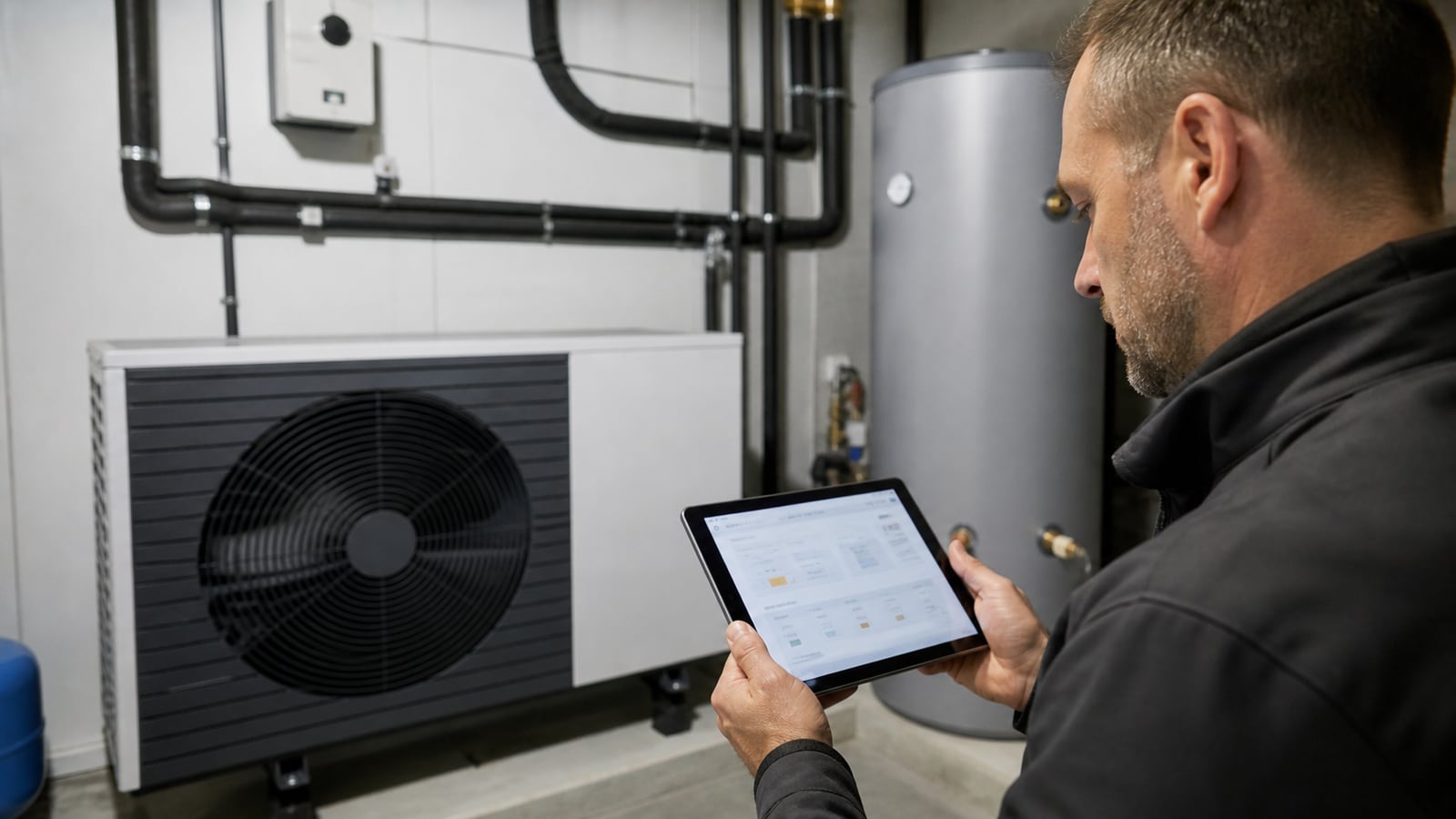 Techniker prüft abstrakte Betriebsdaten einer Wärmepumpe auf einem Tablet im Hauswirtschaftsraum